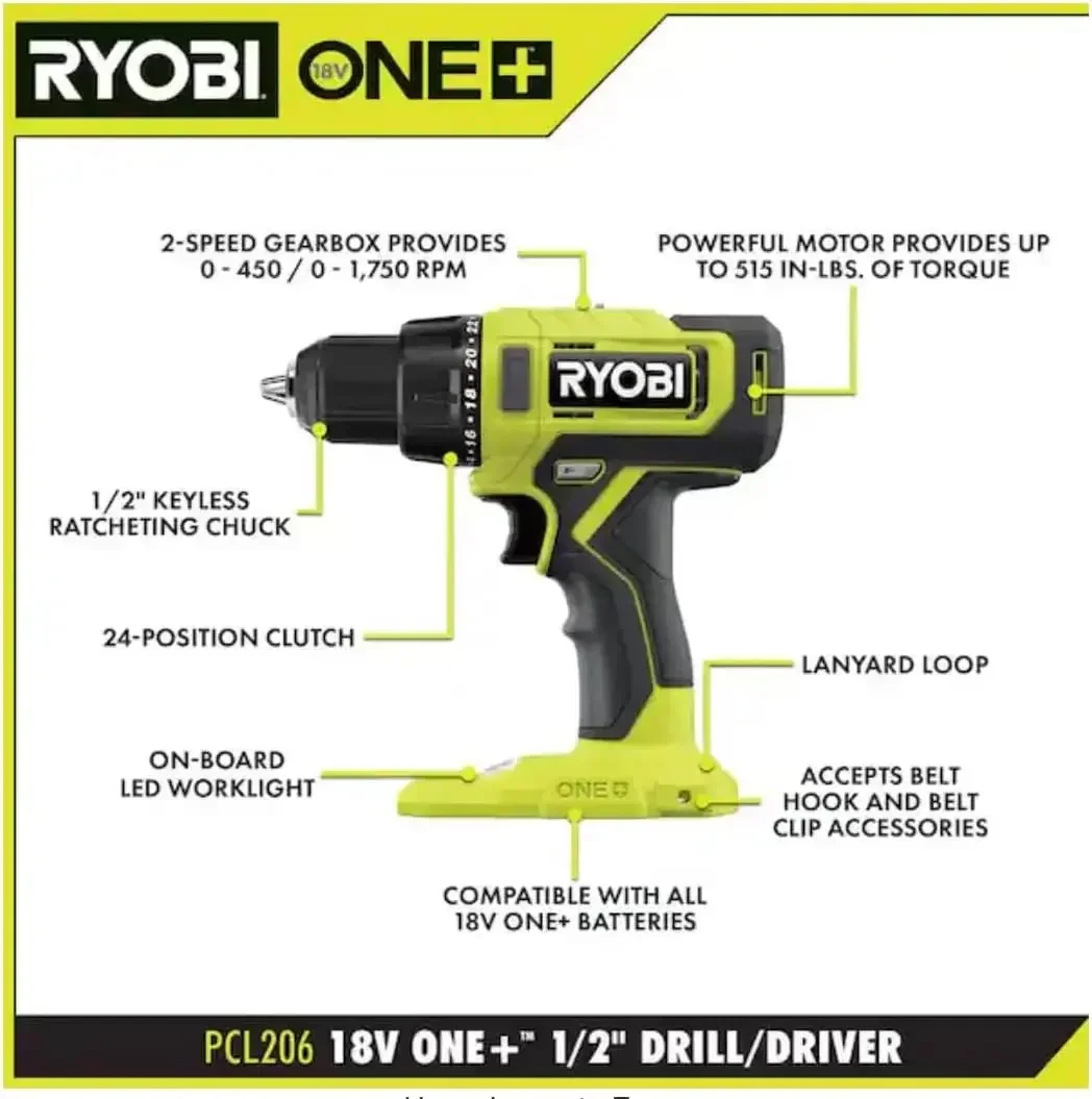 RYOBI ONE+ 18V Cordless 1/2 in. Drill/Driver (Tool Only) PCL206B Black Green