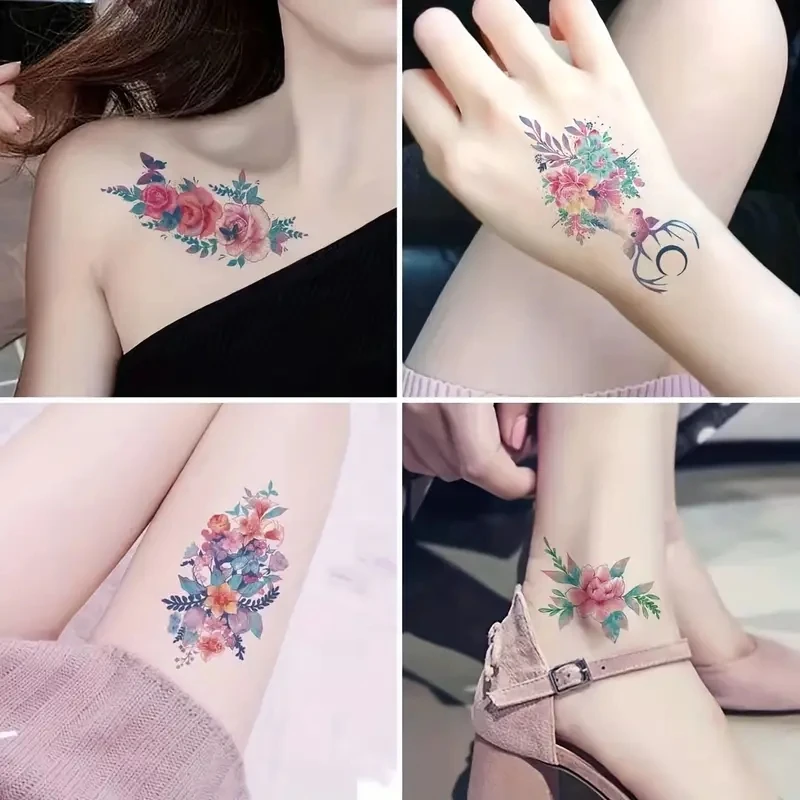 30pcs/pack Tattoo Sticker Women Girls Watercolour Flower with Moon Rose Blossoms Waterproof Temporary Tattoo for Summer Travel