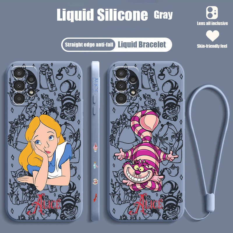 Disney Alice In Wonderland Phone Case For Samsung A72 A54 A53 A52S A52 A35 A34 A33 A32 A24 A14 A13 Liquid Left Rope Cover