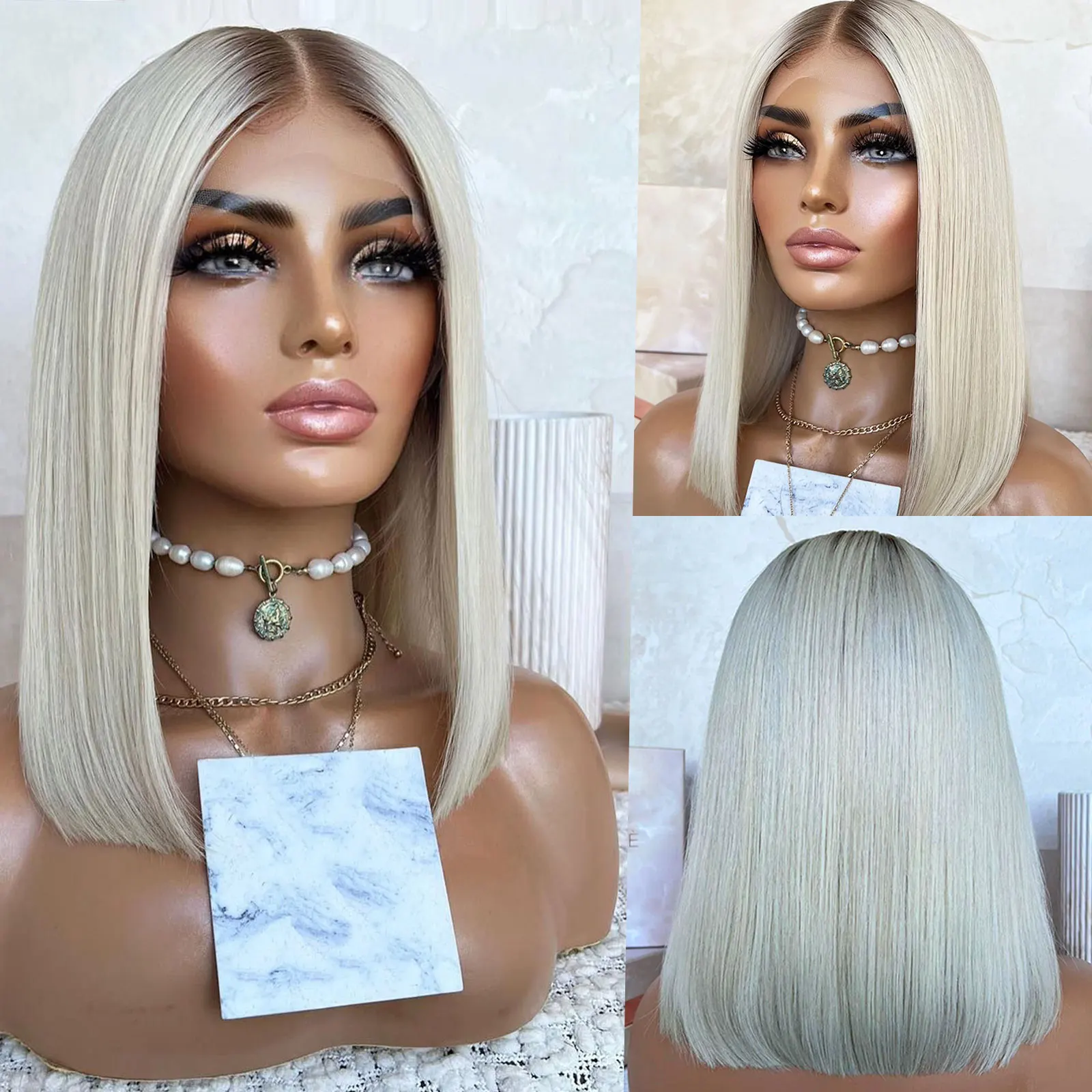 Ombre Ash Blonde Short Bob Wigs Dark Roots Colored Synthetic Lace Front Colored Straight Blonde Wig For Women Daily Use
