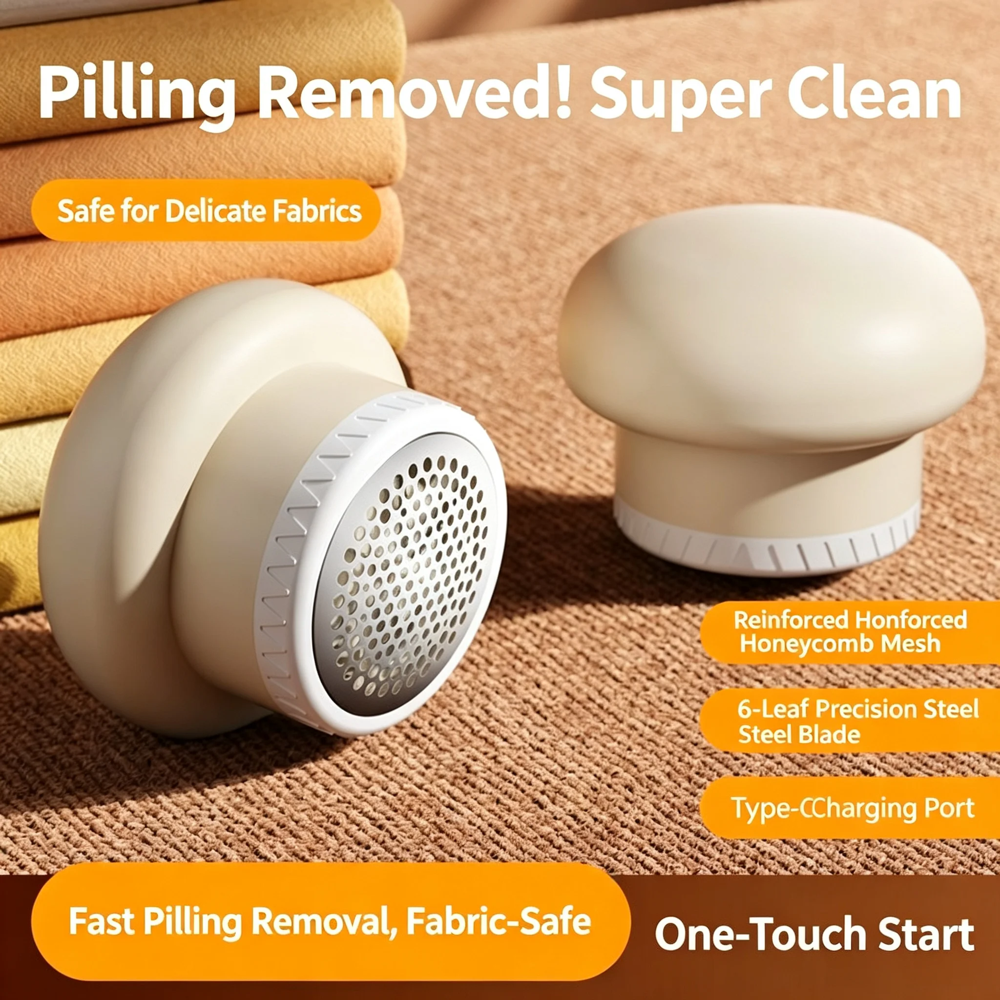 Mushroom‑Shaped Portable Lint Remover, Type‑C Charging 6‑Leaf Steel Blade Honeycomb Mesh Fabric Pilling Shaver