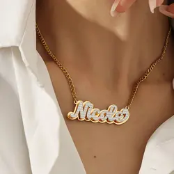 Double Plated Iced Out Script Name Necklace Personalized Two Tone 3D Nameplate Stainless Steel Jewelry For Women Men Gift