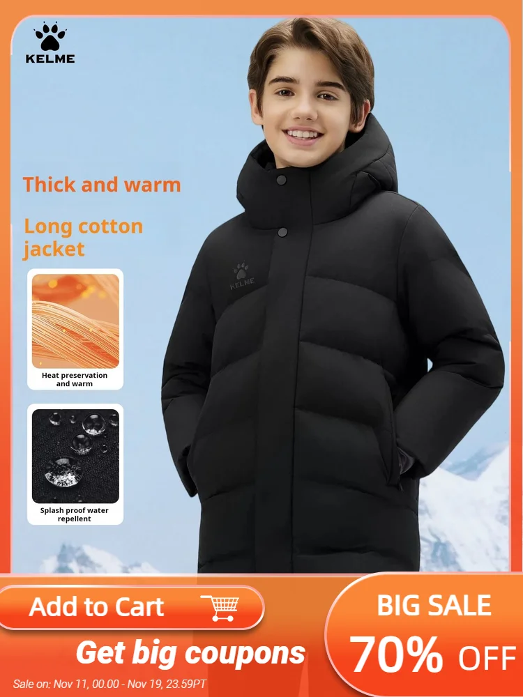 

Kelme Boys' Long-sleeve Thickened Hooded Winter Coat Outdoor Running & Multi-training Windproof Jacket Boys' Winter Coat