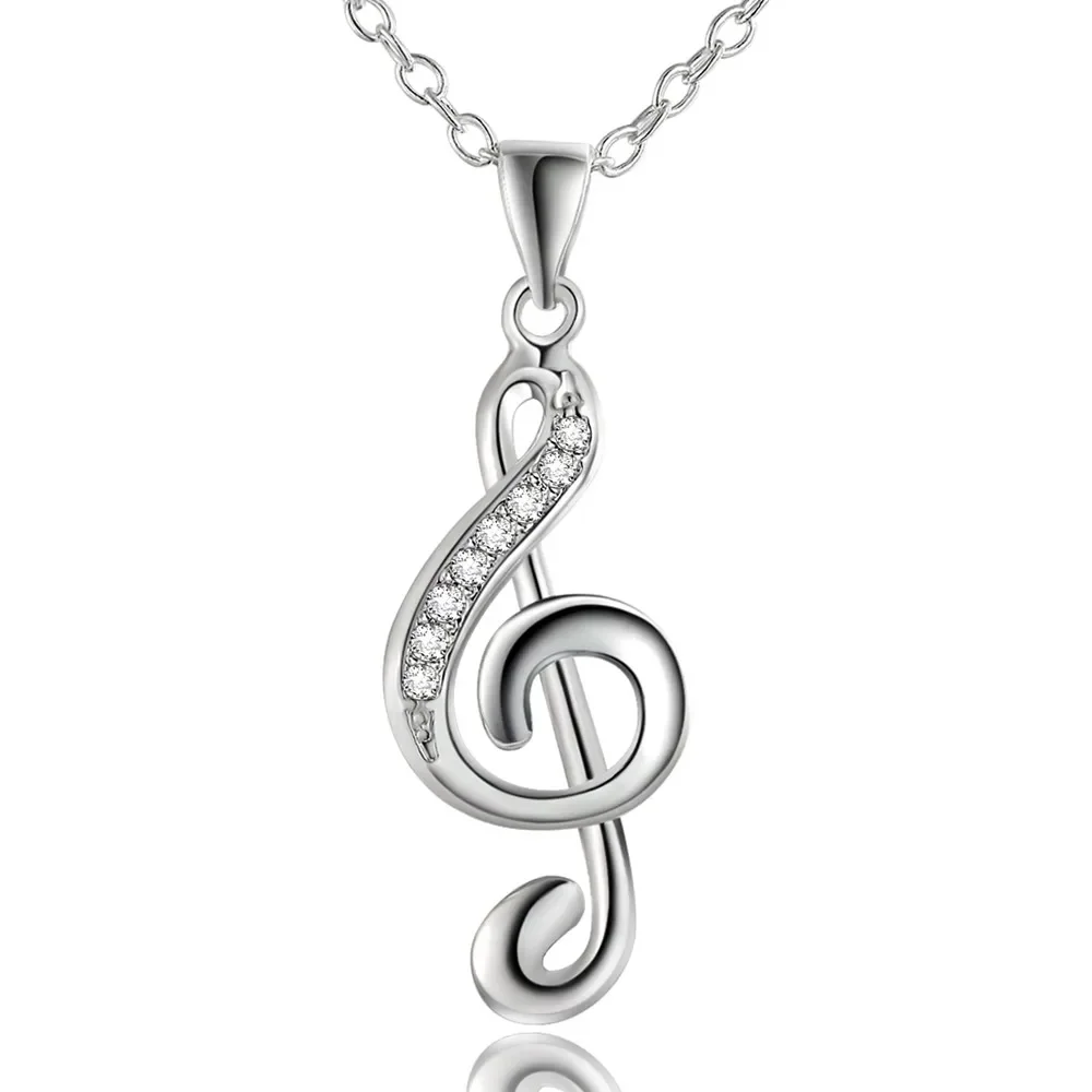 

925 Sterling Silver Necklace Jewelry Girl Favorite Christmas Gifts Creative Lovely Inlaid Stone Music Notation Pendant Chain