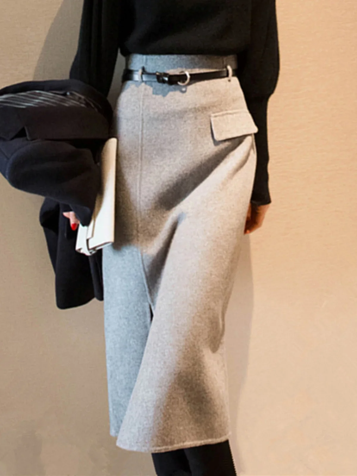Women's Autumn Winter Elegant Solid Color Woolen Skirt Female Long Split Wool Skirts Ladies High Waist Slim Skirts