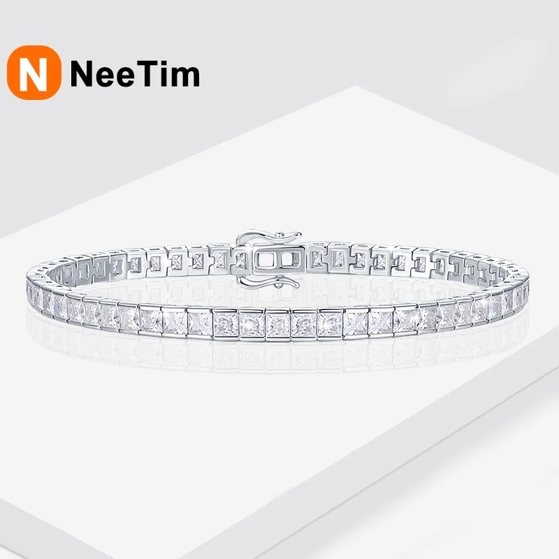 

NeeTim 3x3mm Princess Cut Moissanite Tennis Bracelet s925 Silver with 18k white Gold Plated Wedding Bracelets for Women Man