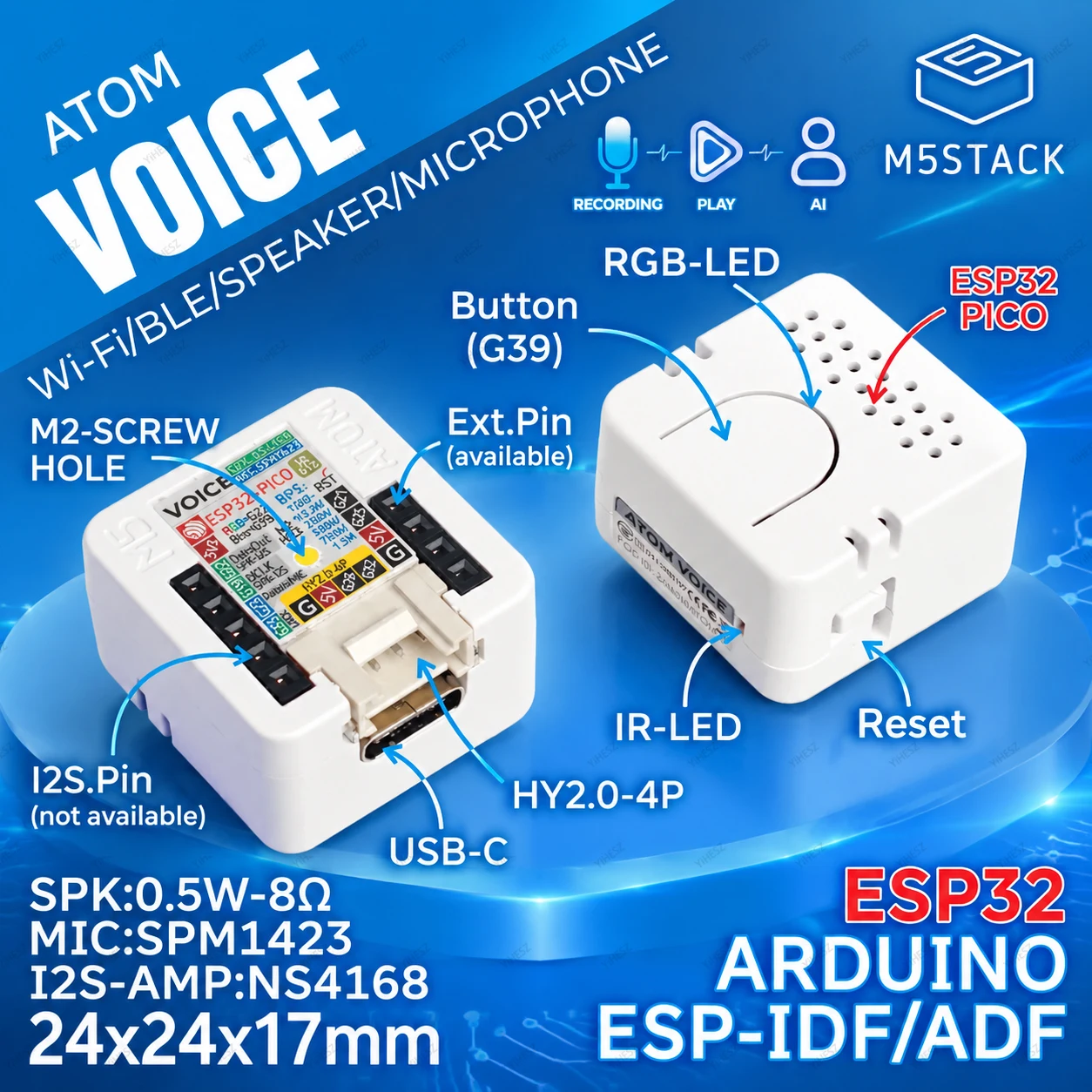 M5Stack Atom Voice ESP32 AI Voice Assistant Development Kit Mini Smart Speaker WiFi Bluetooth IoT Arduino Programmable Board