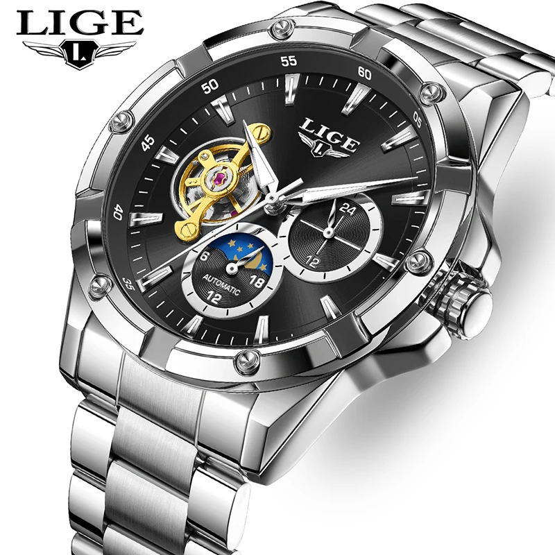 

LIGE Top brand luxury watches mens Luminous Waterproof Mechanical Watch Fashion Luxury Watches for Men relogios masculino+BOX