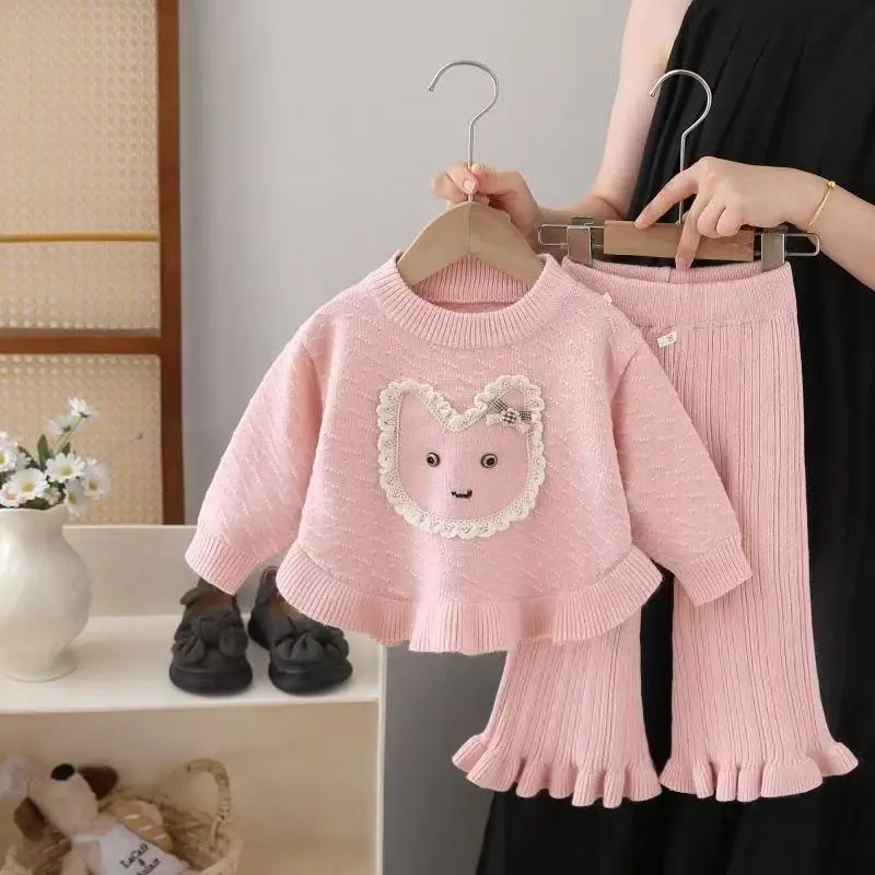

Children's jumper 2025 Autumn New Little Girl Cartoon Round neck Knitwear Two-piece Girl jumper Trousers Set 90-130cm