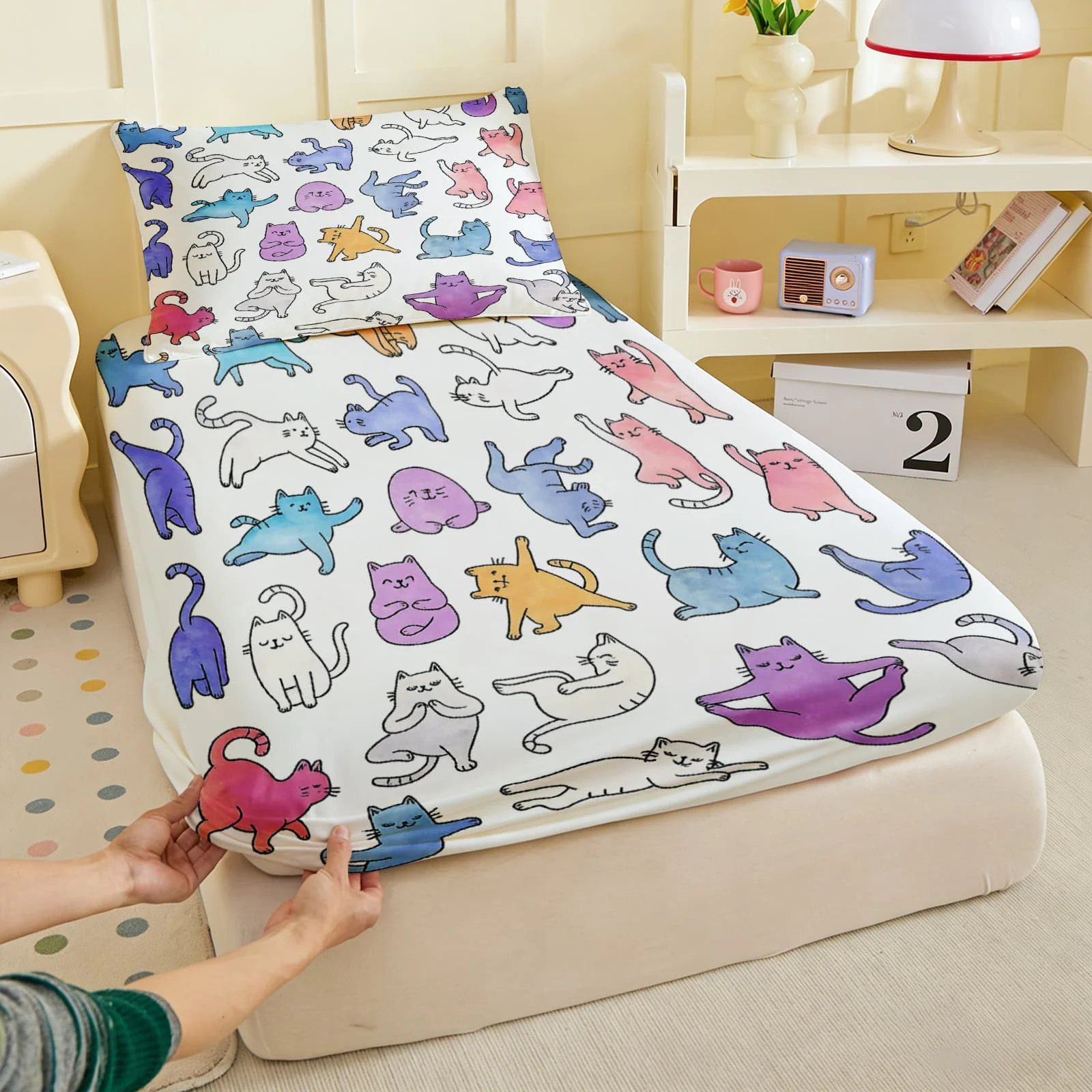 1pc Pastel Rainbow Cats Print Fitted Sheet Deep Pocket Elastic Mattress Cover Single Double Queen King Bedroom Decor