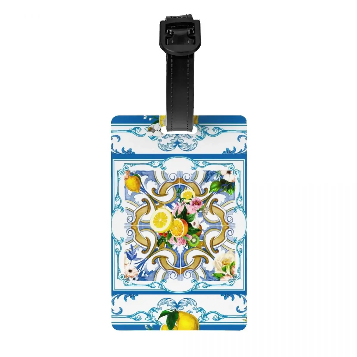 Custom Mediterranean Summer Fruit Lemons Tiles Luggage Tags for Suitcases Funny Baggage Tags Privacy Cover ID Label