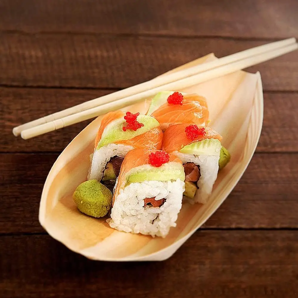 50PCS Multi-size Disposable Wooden Boat-shaped Plate Japanese Dish Food Serving Sushi Plate Boat-shape Tray Salad Dessert Bowl