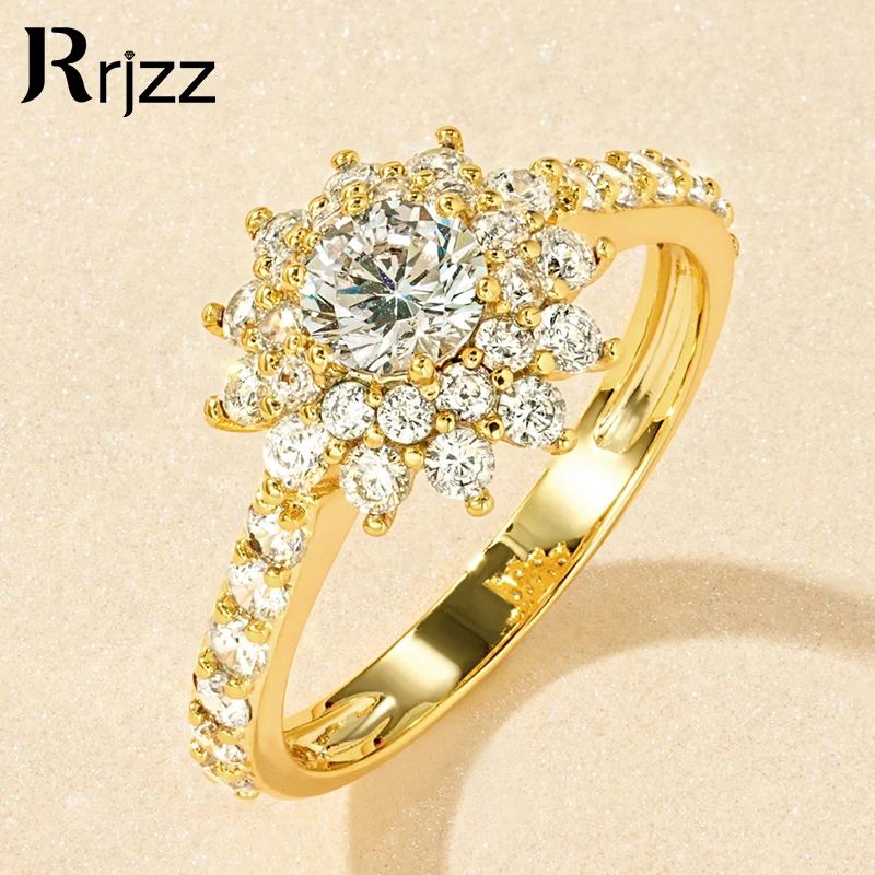 

Rrjzz Brilliant AAAAA Round Cut CZ Simulated Diamond Ring 14k Gold Plated Flower Engagement Rings for Women Fine Jewelry Gifts