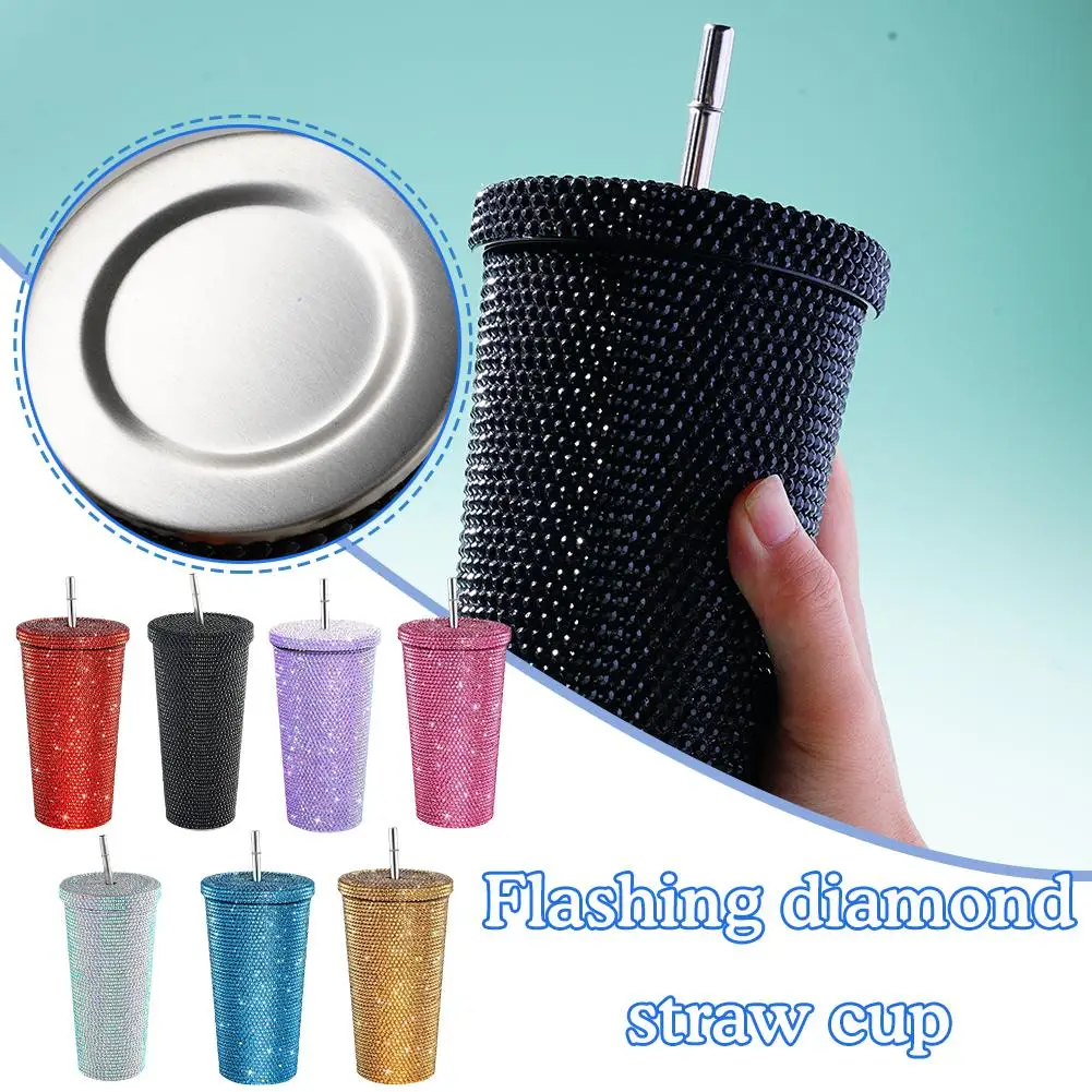 750ml Shining Rhinestone Stainless Steel Double Layer Cups Straw Cup With Lid Water Bottle Women Glitter Cup Water Cups