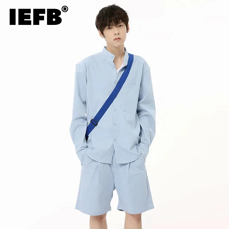 

IEFB Korean Style Men's Sets Casual Stand Collar Long Sleeve Shirts Straight Wide Leg Solid Color Male Shorts Autumn 2024 9C6712