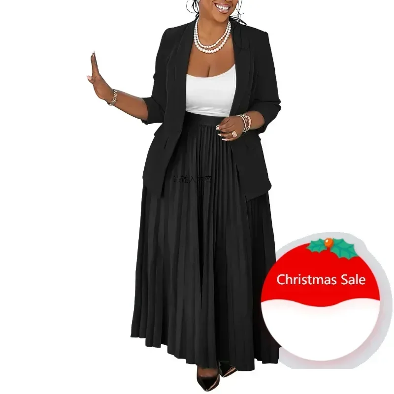 

Women Sets Two Piece Set V-Neck Long Sleeve Top And Elegant Pleated Long Skirt High Streetwear Casual Beach Suit Plus Size