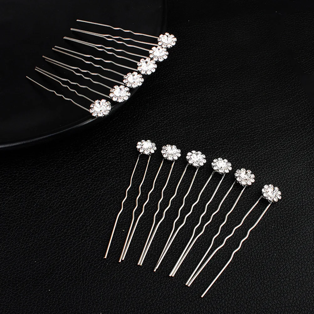 

12 Pcs Flower Fork Hairpins Women Bridal Bridesmaid Decorative Clips Silver Wedding Party Accessories Rhinestone HairDecoration