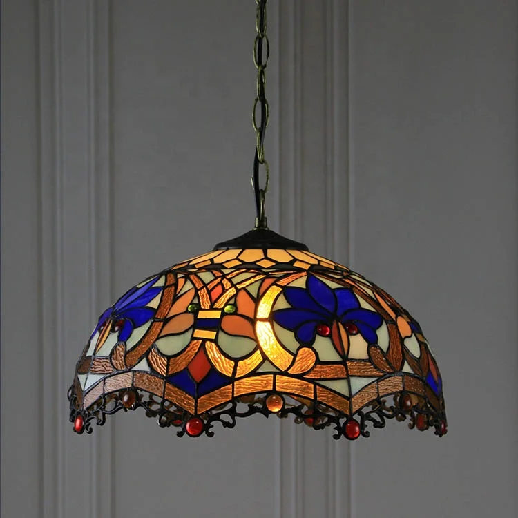 Style Baroque Hanging Lamp Stained Glass 16Inch Handcrafted Lampshade Pendant