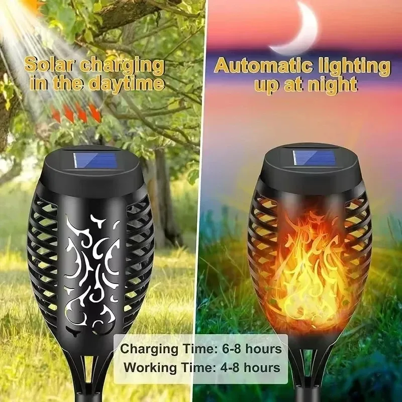 2PCS Solar Flame Lights Torch Flickering Light Waterproof Outdoor Garden Lawn Decor Tiki LED Path Yard Patio Floor Lamp