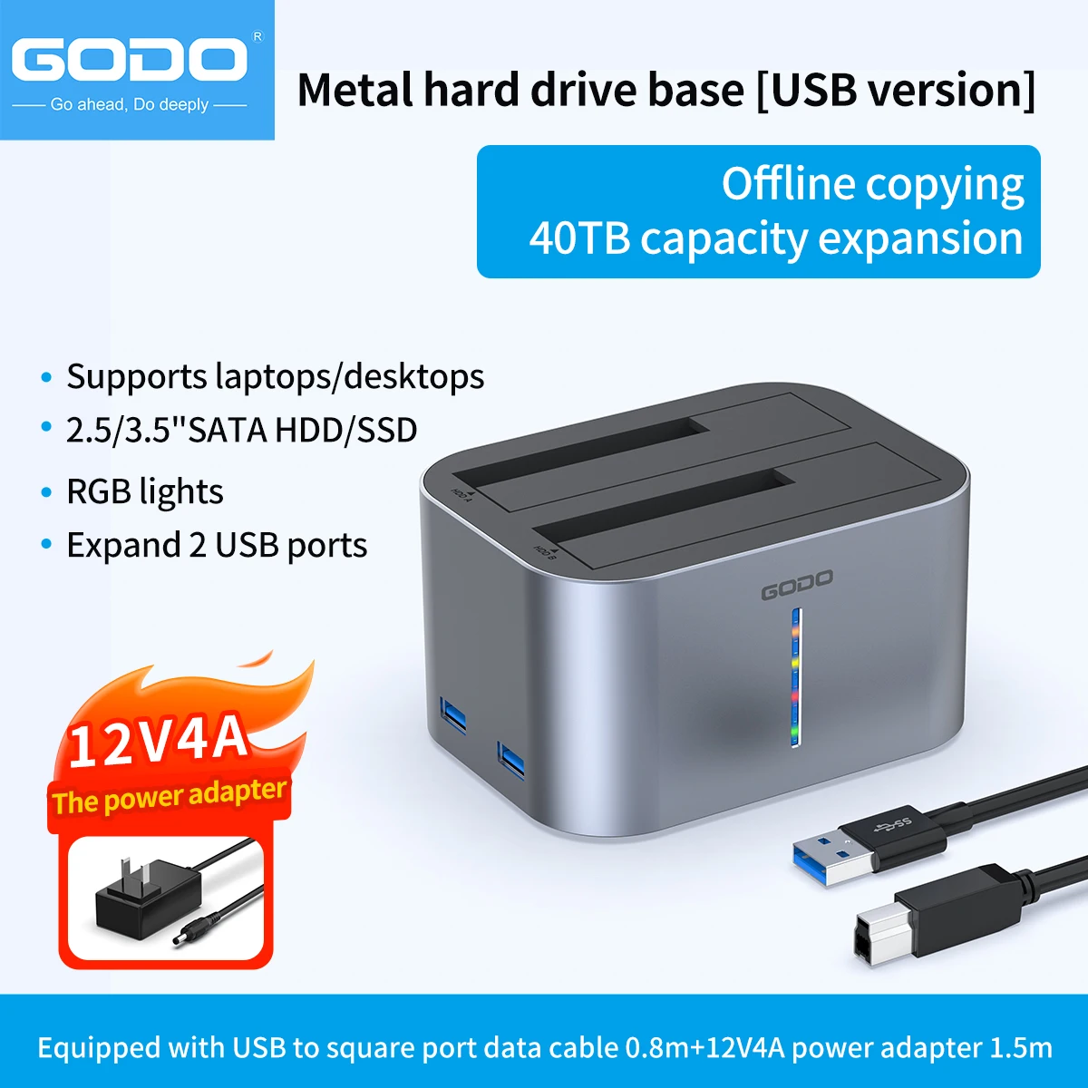 محطة إرساء GODO USB 3.0 & Type-C HDD/SSD لمحركات SATA مقاس 2.5/3.5 بوصة، مؤشر LED - نقل سريع للبيانات