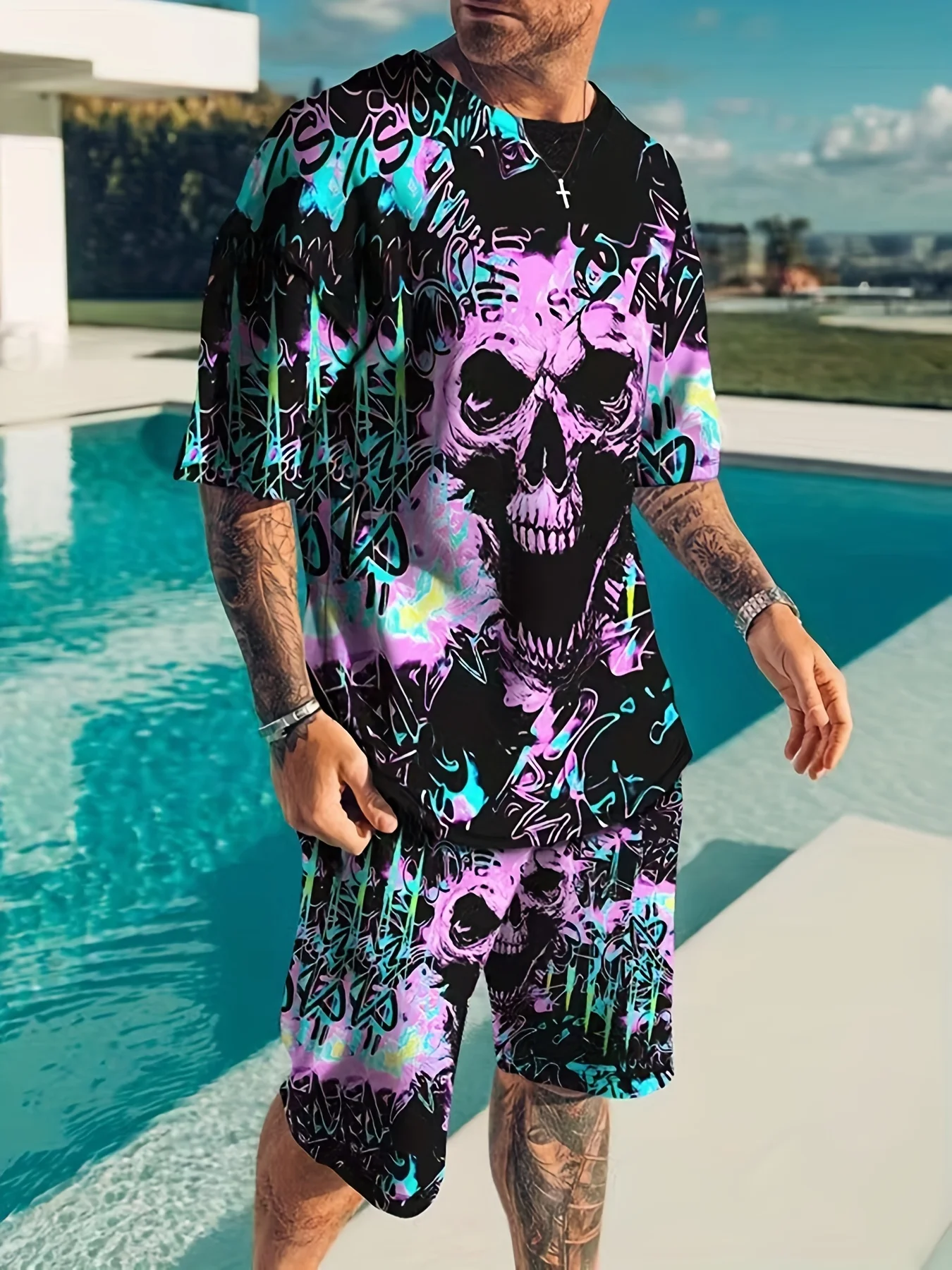 

Men'S Summer T-Shirt Suit 3d Cool Hollow Pattern Printing Design Men'S Short-Sleeve Round Neck T-Shirt Shorts Two-Piece Suit