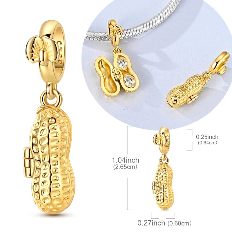 Image of Neuer originaler Anhänger aus 925er Sterlingsilber, goldfarben, zu öffnend, mit Zirkonia, Erdnussform, passend für Original-Armbänder und Halsketten, für Damen, DIY-Schmuckgeschenk