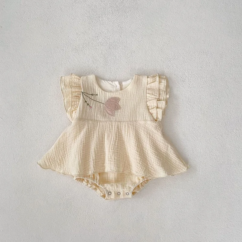 Cute Baby Girl Romper 0-24Months Newborn Princess Ruffles Sleeve Embroidered Skirted Bodysuit Cotton One-Pieces Summer Clothes