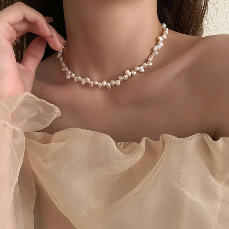 

ALLNEWME French Elegant Natural Freshwater Pearl Necklace for Women Irregular Baroque Pearls Chokers Necklaces Wedding Jewelry