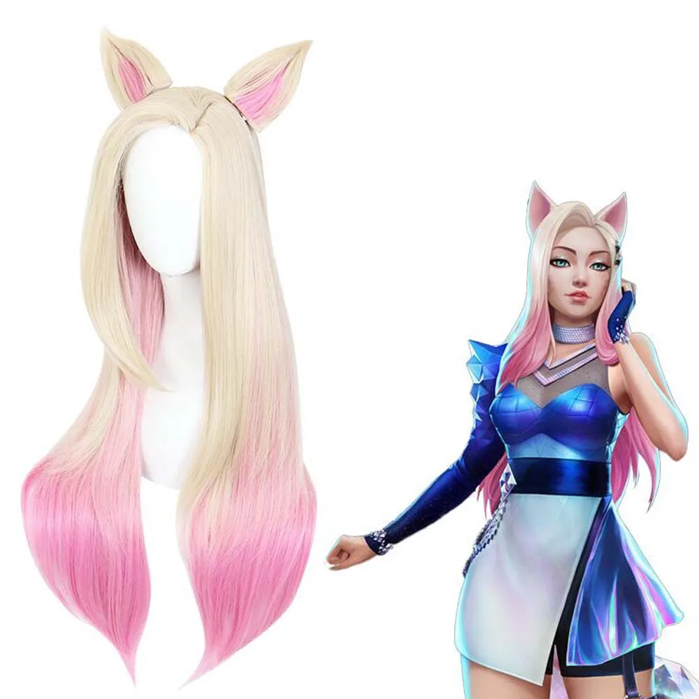 LOL KDA Baddest Ahri peruka do Cosplay z uszami żaroodporne włosy syntetyczne blond mieszane różowe peruki