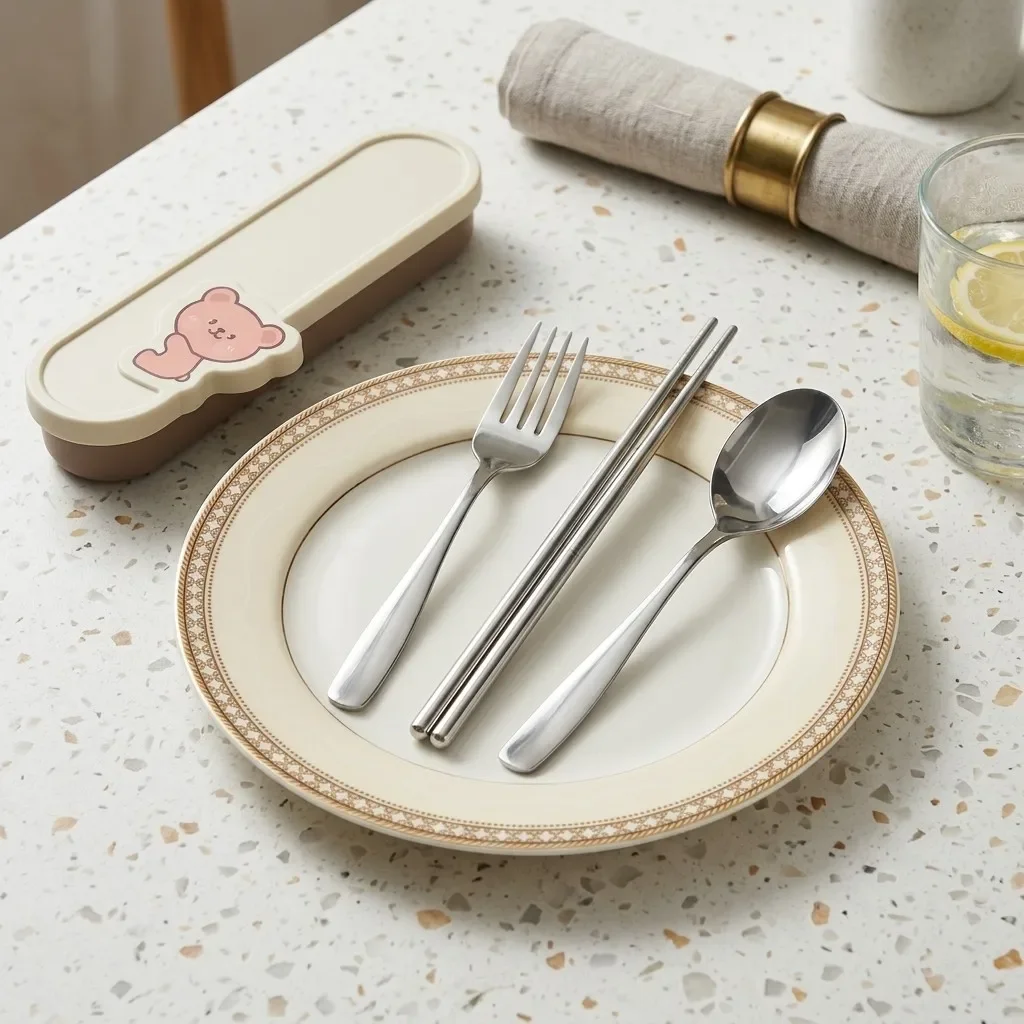 Cute Bear Portable Stainless Steel Cutlery Set Spoon Fork Chopsticks with Case Kids School Travel Tableware Silverware Utensils