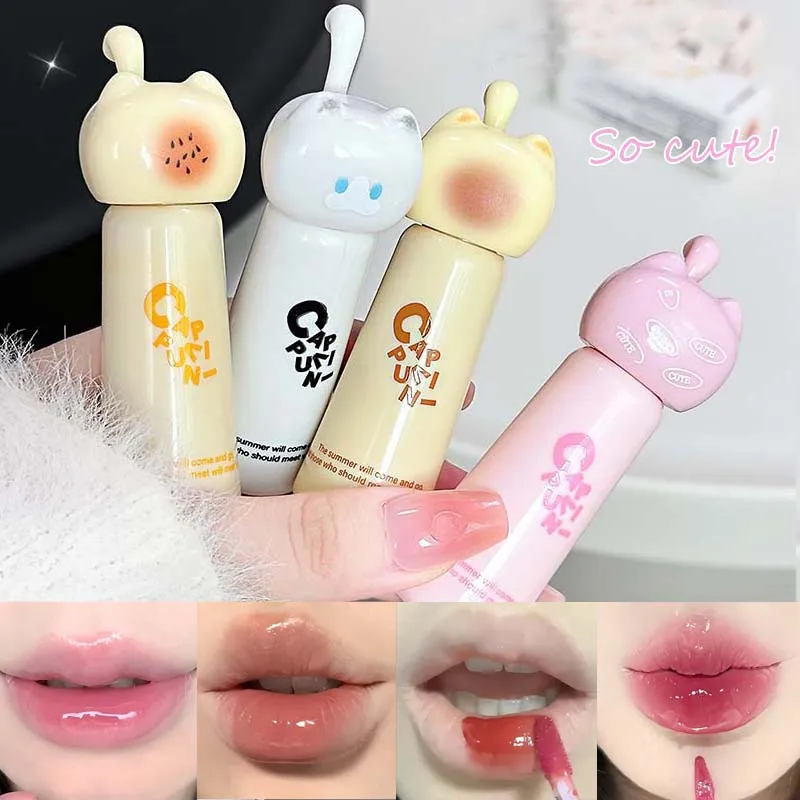 CAPPUVINI lindo gato espejo de agua brillo de labios duradero hidratante rosa albaricoque tinte rosa esmalte de labios lápiz labial desnudo maquillaje coreano chica