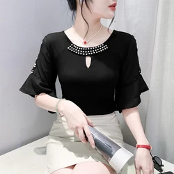 #7221 Black Red Flare Sleeve Hollow Out Sexy Skinny T Shirt Women Round Neck Diamonds Sexy Party Streetwear Tshirt Female Summer