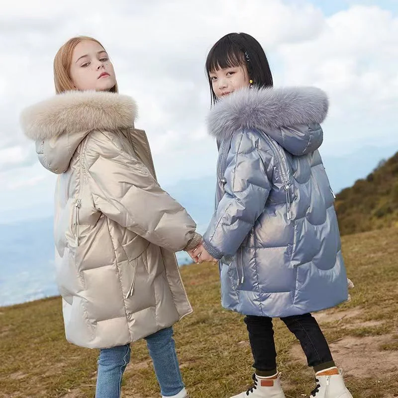 Children Glossy Jackets Girls Winter Thicken Warm Outerwear Teens New Cotton Overcoat Kids Fashion Hooded Coats Casual Parkas