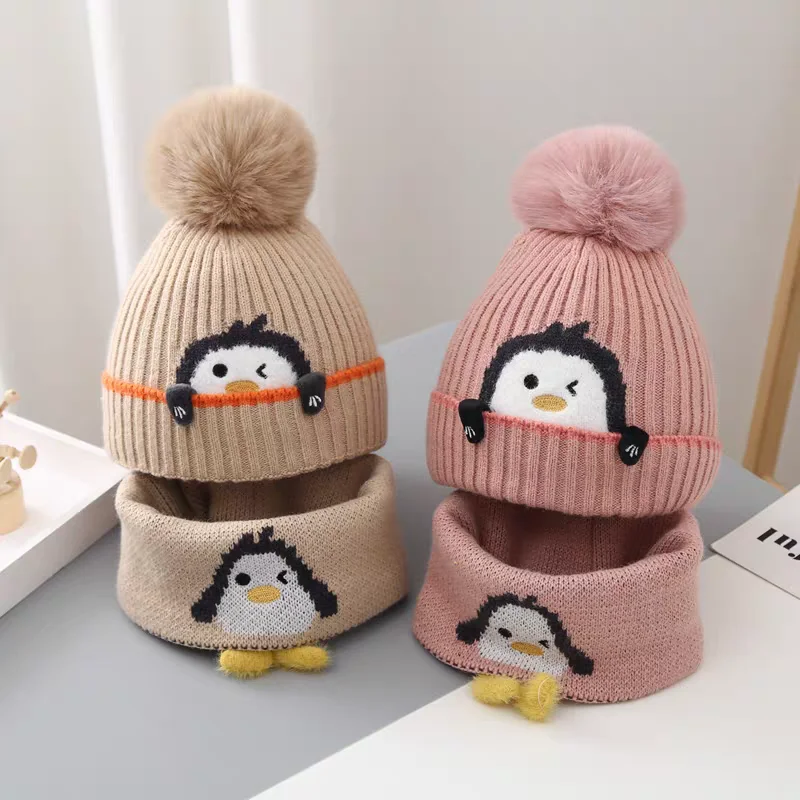 Warm baby hat bib two-piece set children's autumn and winter boys and girls knitted wool plush ear protection baby hat