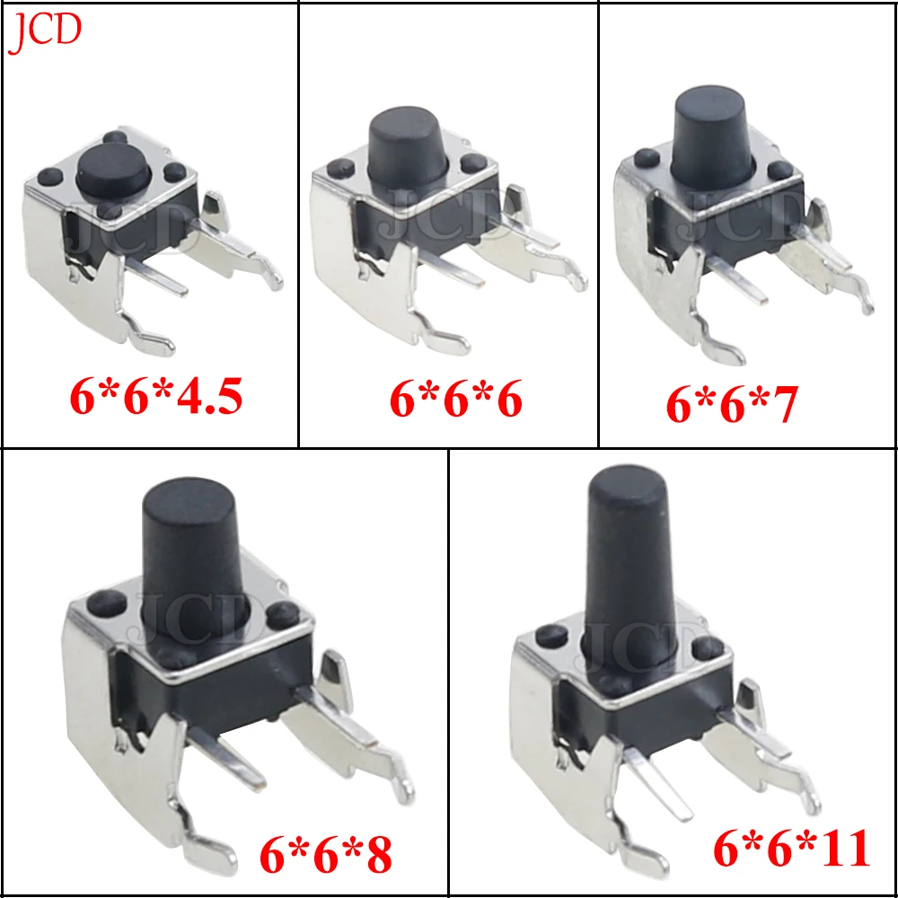 20Pcs 6x6 PCB Momentary Tactile Tact Push Button 4-Pin Self-reset Switch Right Angle With stent 6*6*4.5/6/7/8/11mm