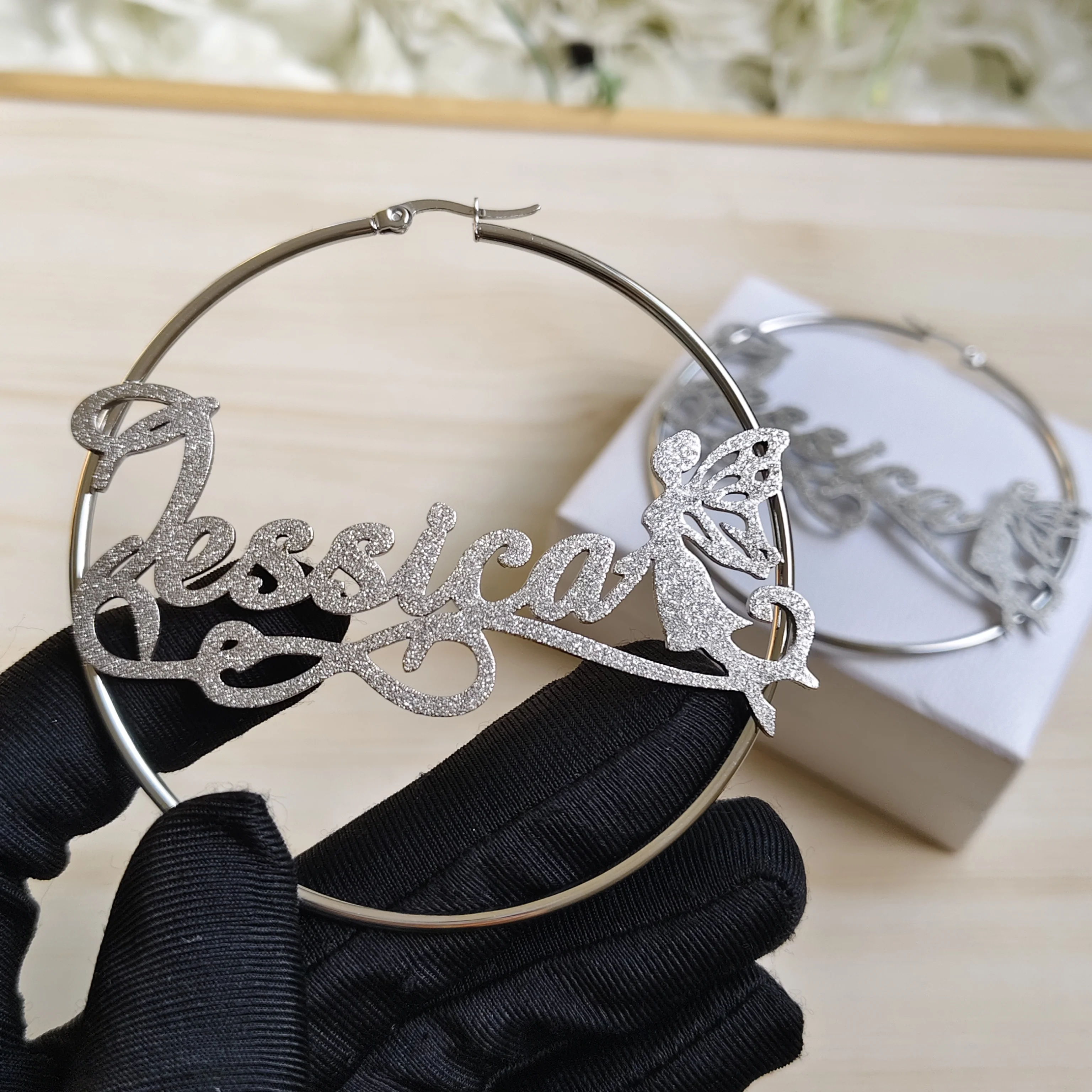 

DHQH Wholesale Customized 70mm Silver Matte Earrings Personalized Letter Fairy Pattern Earrings Gift Manufacturer Direct Sales