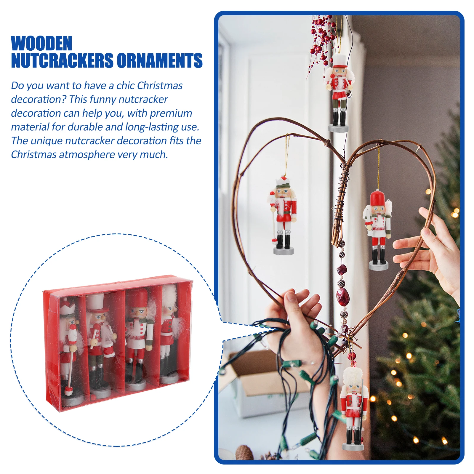 

4 Pcs Nutcracker Soldier Ornament Christmas Tree Decorations Figure Mini Figures Wooden Toys Funny