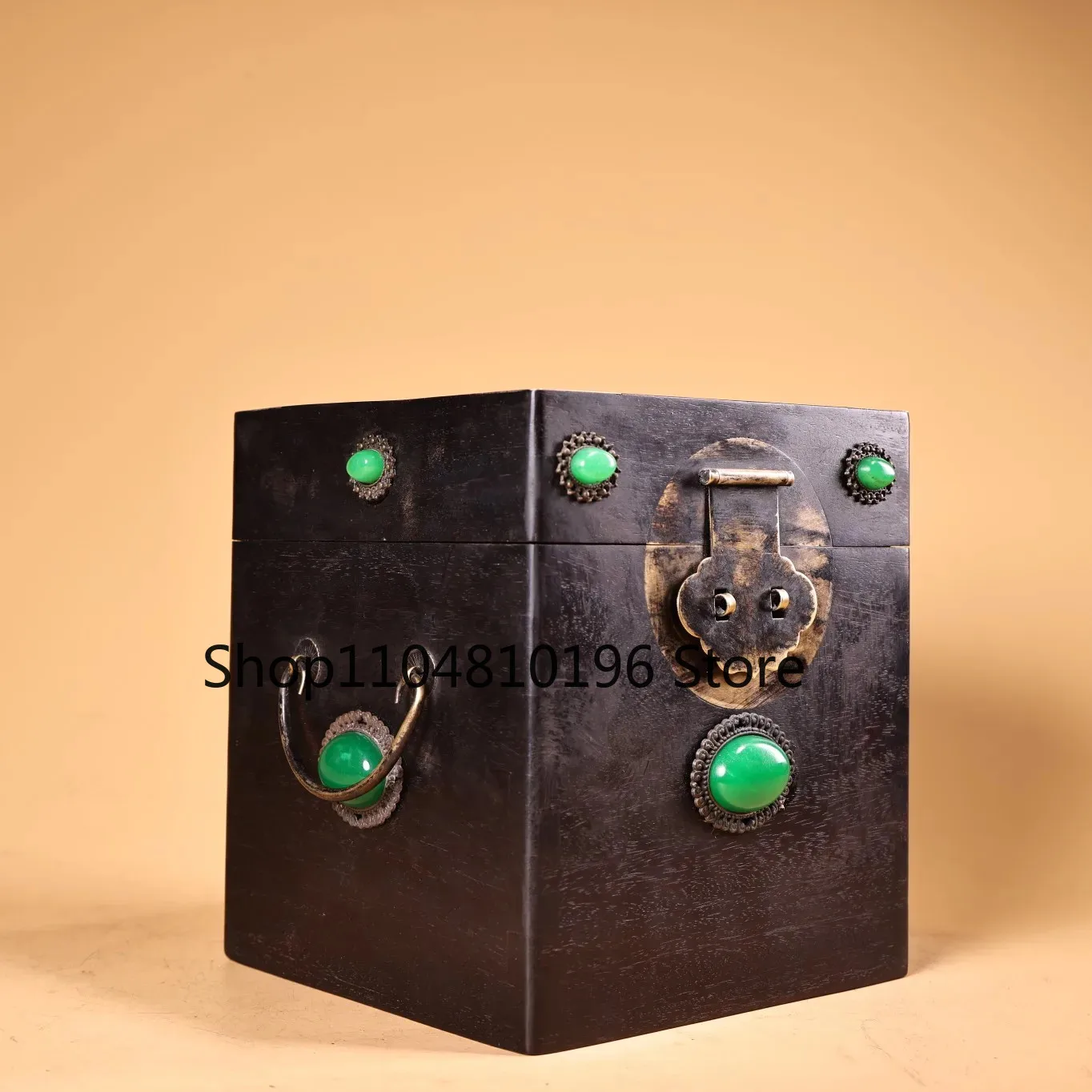 Ebony wood Mosaic Gem Yellow Jade Storage Box Treasure Box Pull ring box