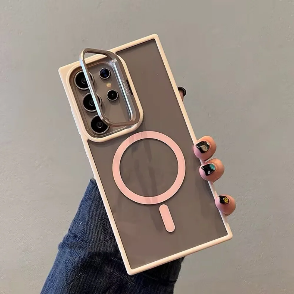 

For Magsafe Magnetic Metal Lens Protectio Stand Case For Samsung S25 Edge S24 S23 S22 Ultra Plus FE A56 A36 A06 Shockproof Cover