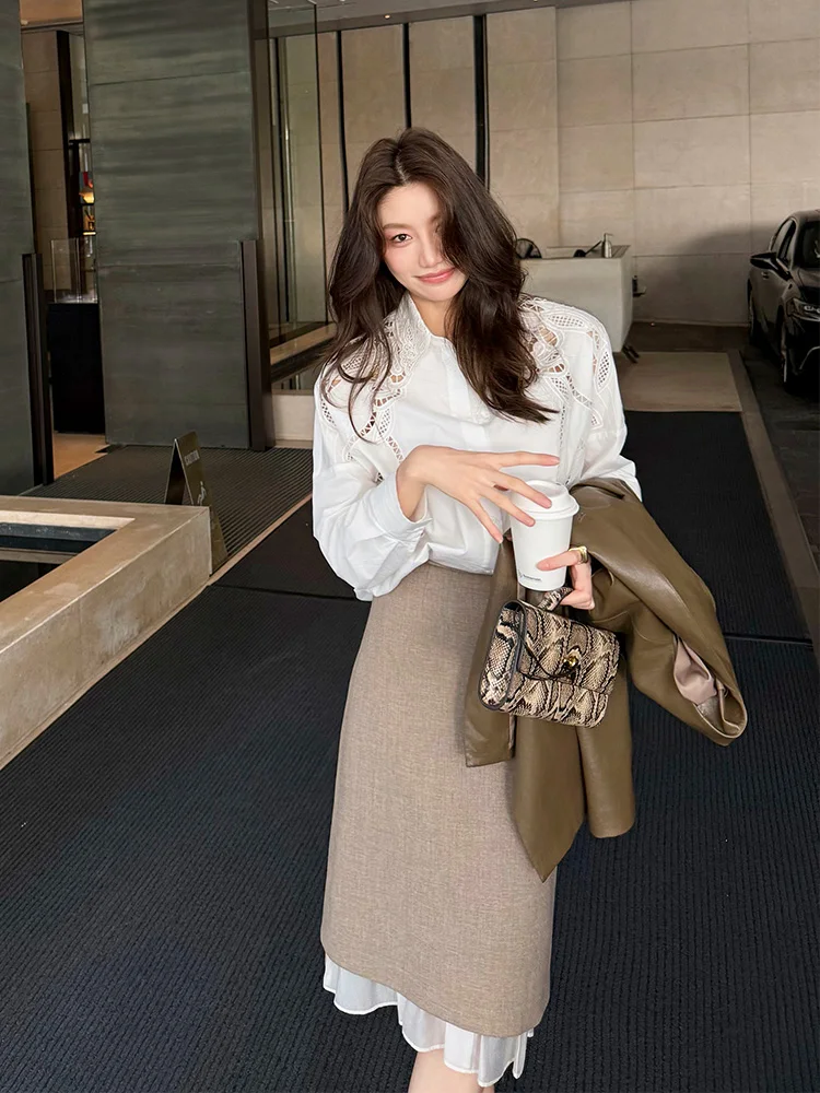 

Dragon Joy Hollow Design Long Sve irt Women's Autumn Faion Luxury Anti-Aging Ele French Sle Pure Cotton Top