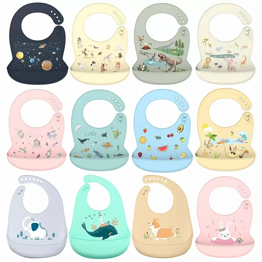 

Silicone Baby Bib Waterproof Saliva Dripping Baby Stuff Cute Cartoon Printed Bibs Newborn Bebe Feeding Edible Aprons Burp Scarf