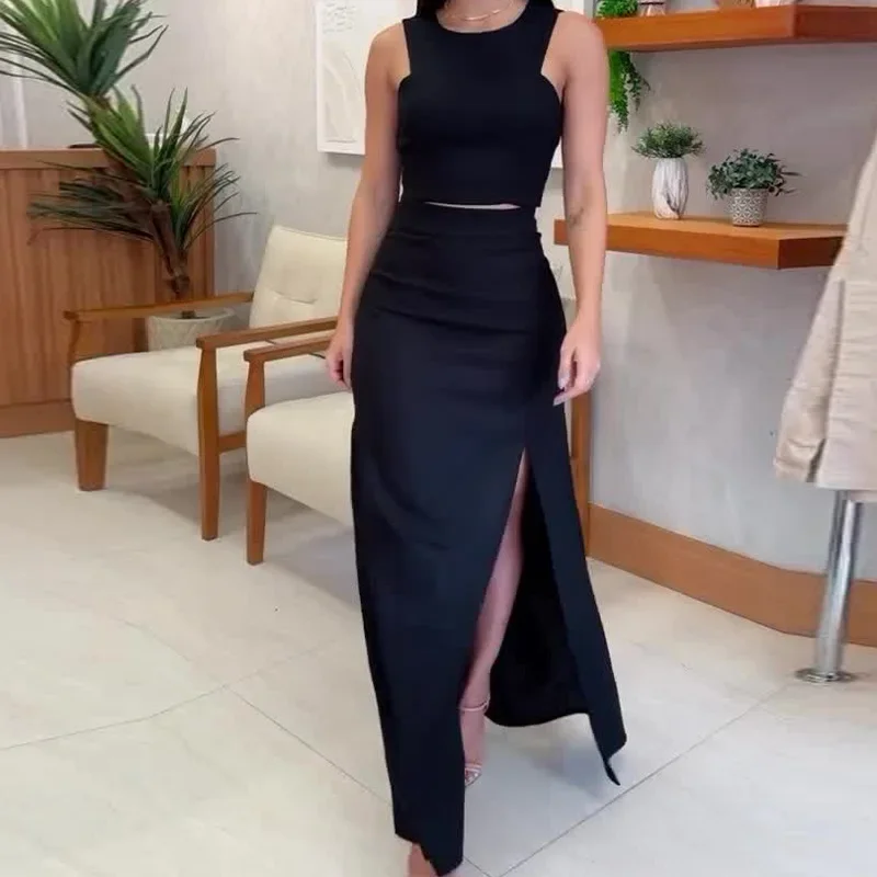 Two Piece Sets Women Skirt Set Sling Vest Short Tops Round Neck High Waist Long Skirts Elegant Sleeveless Work Streetwear 2025