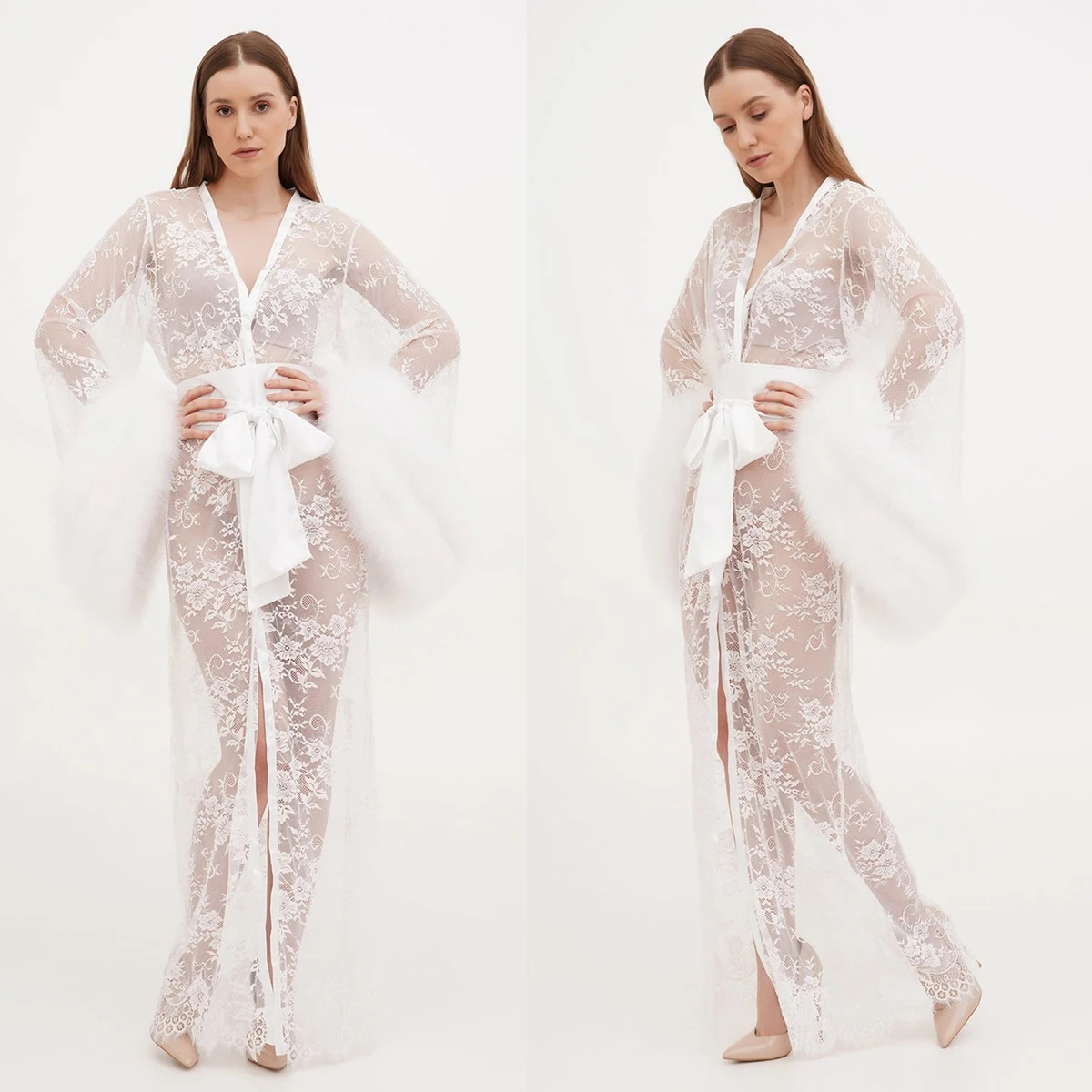 Sexy Lace Lllusion Night-Robe Elegant Feather Sleeve Women Pajamas With Belt Skin Friendly Housecoat Nightwear Customized