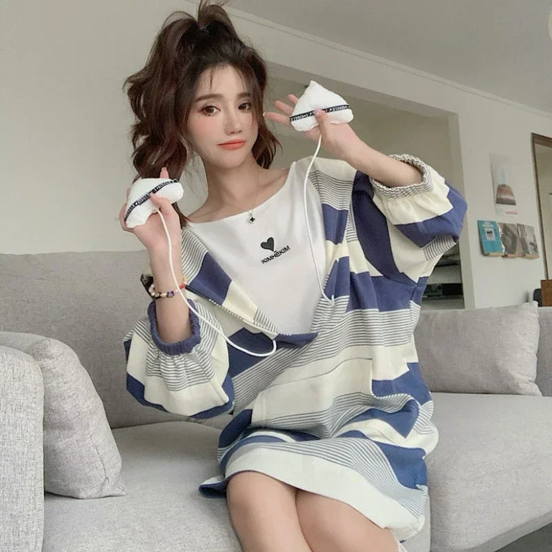 L-4XL Hooded Dresses Women Baggy Preppy Girlish Korean Fashion Clothes Fake Two Piece Sweet Kawaii Vestidos Cozy Temper Striped