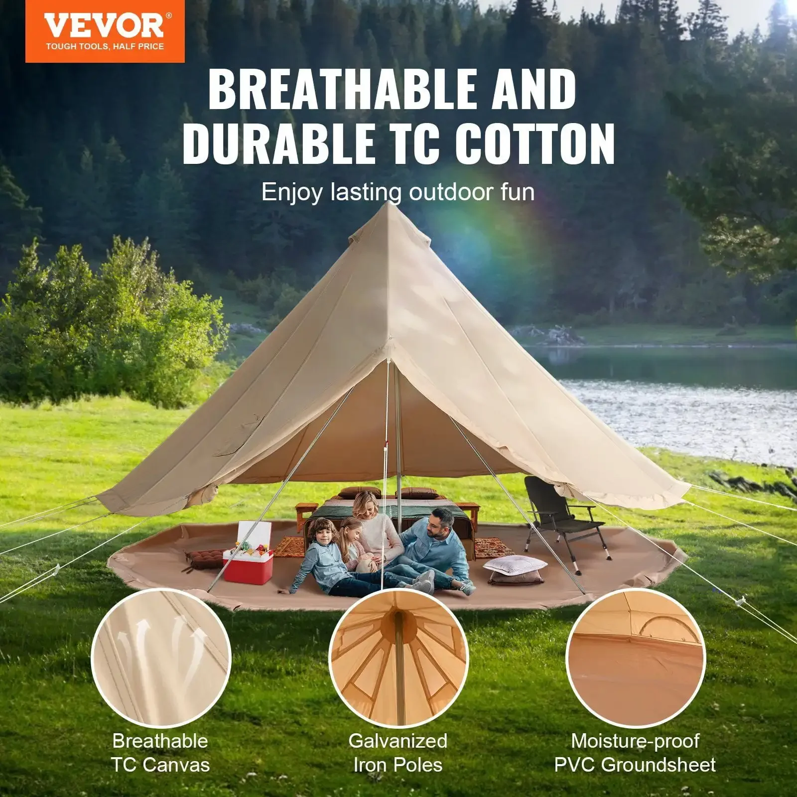 8-10 Person Canvas Glamping Bell Tent, Breathable Waterproof Yurt Tent with Stove Jack and Detachable Side Wall