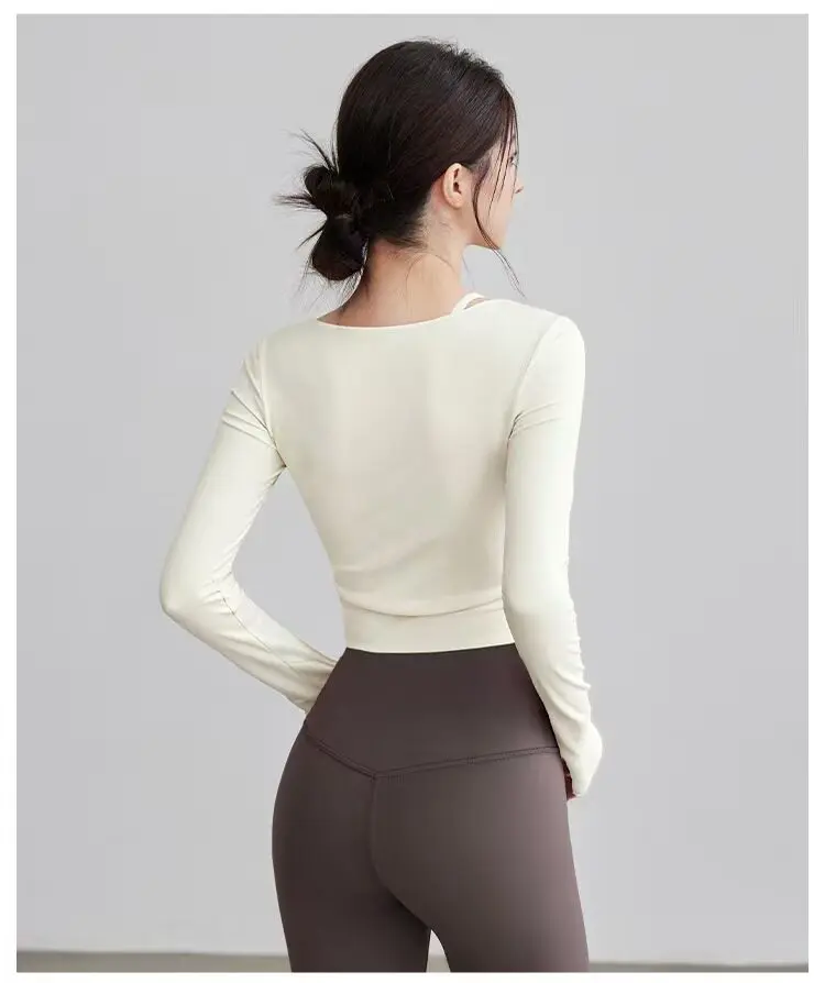 Damen-Yoga-Kleidung mit Brustpolstern, Zweiteiliges Design, Figurformende Oberteile, Trainings-, Pilates- und Fitnesskleidung, Langärmelige Laufkleidung – Detail 4