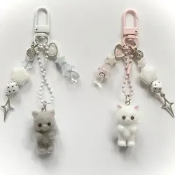 1pcs Pink and grey cute kitten keychain handmade y2k jewelry