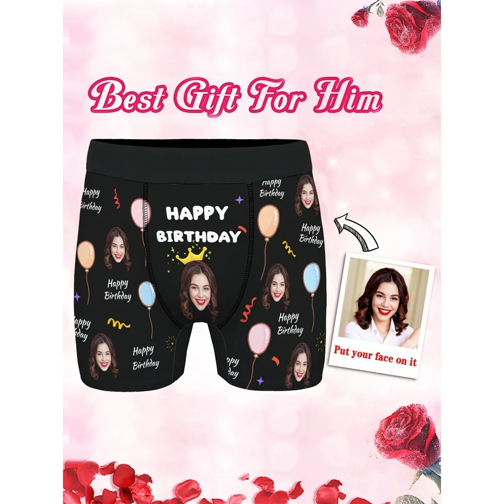 Personalized Custom Photo Men Boxer Briefs Happy Birthday Balloon Printed Underwear, Funny Birthday Surprise Gift For Husband