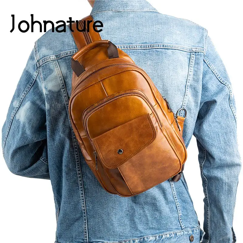 Imagem -04 - Mini Mochila Masculina Johnature-retro de Couro Genuíno Bolsa Multifuncional de Couro de Vaca de Primeira Camada Bolsas de Peito Masculinas Artesanais Nova 2023 2024