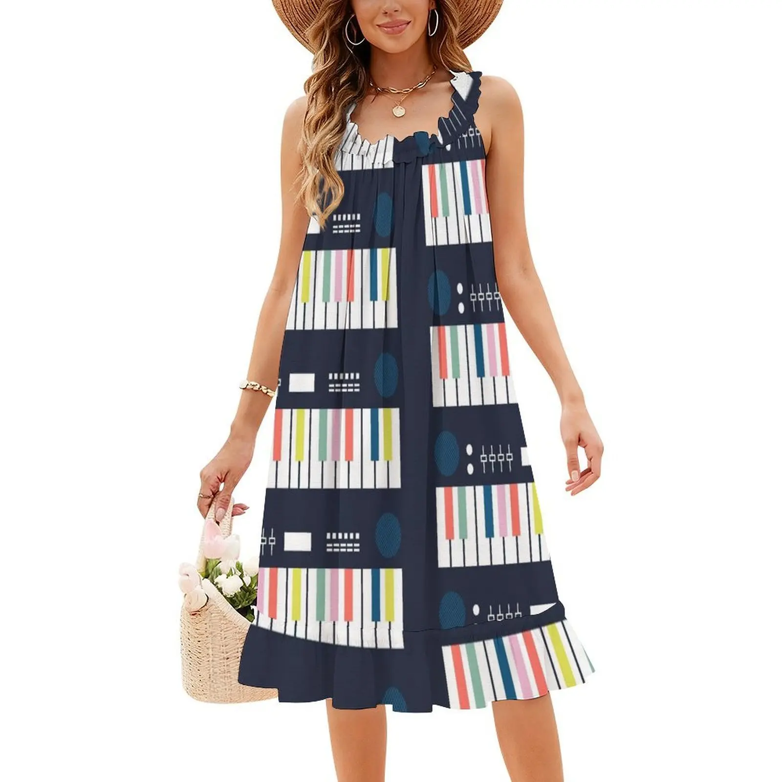 Abito sintetico con scollo a cuore Abito elegante da festa estivo per donna Abito sintetizzatore sintetizzatore di musica elettronica anni '80